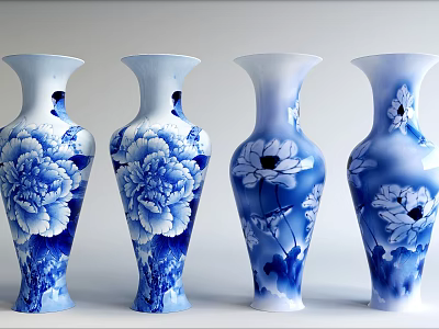 Blue and White Ceramic Vases with Traditional Peony Flowers and Bird Patterns for Home Decoration 3d model