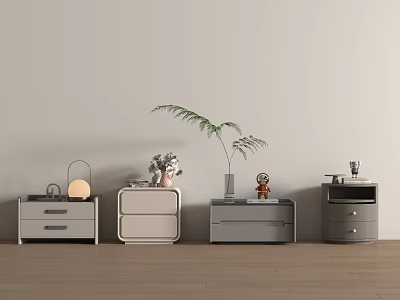 Four Modern Bedside Tables With Drawers Decorative Lamp Plant On Wooden Floor Against Light Wall 3d model