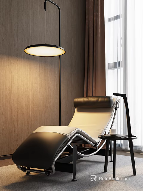 Modern Recliner Chair With Leather Upholstery Side Table And Floor Lamp In Cozy Room 3d model 