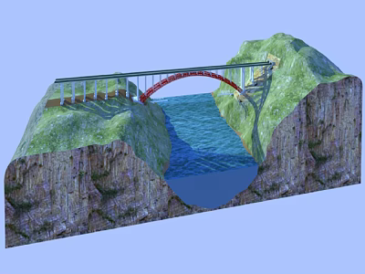 Red Arch Bridge Connecting Green Mountain Cliffs Over Blue River With White Railings 3d model