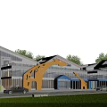 Modern Colorful School Building With Arched Entrance Glass Curtain Walls Front Lawn And Parked Cars