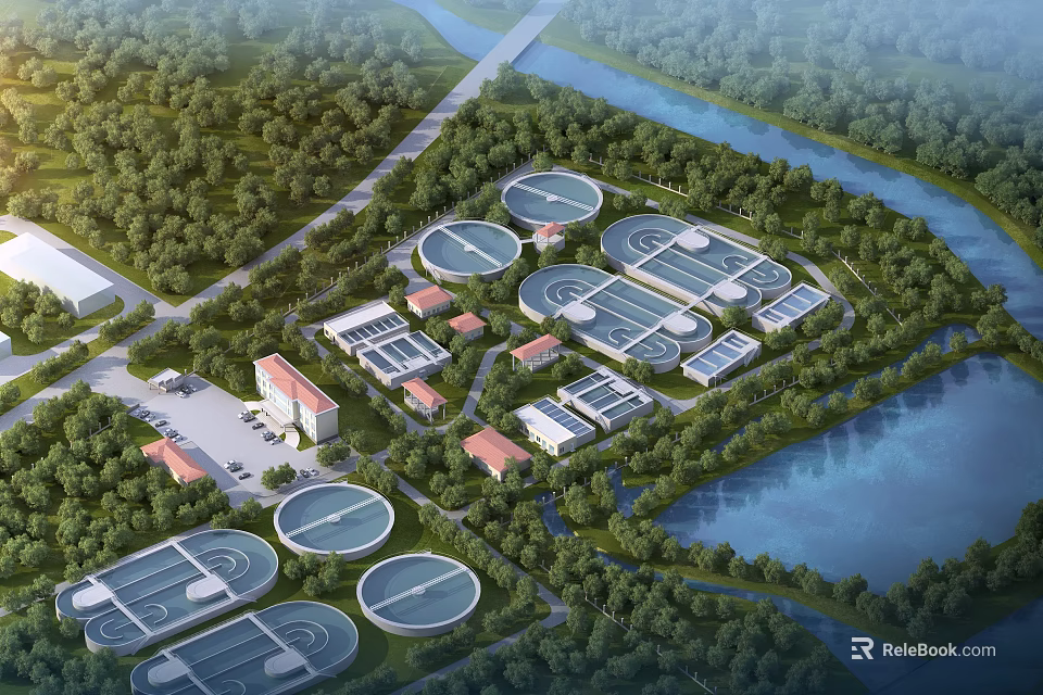 Modern Industrial Factory With Circular Processing Tanks Lush Greenery And River 3d model