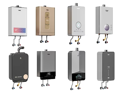 Various Modern Home Water Heaters With Different Colors Designs And Controls 3d model