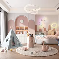 Cozy Kids Room Interior With Tepee Tent Pink Walls Shelves And Stuffed Animals