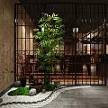 Rustic Restaurant Interior With Bamboo Railings Wooden Tables Thatched Umbrella Lanterns And Stone Walls