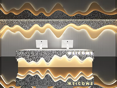 Modern Reception Desk With Wavy Golden Lighting Patterned Surface And Dual Monitors 3d model