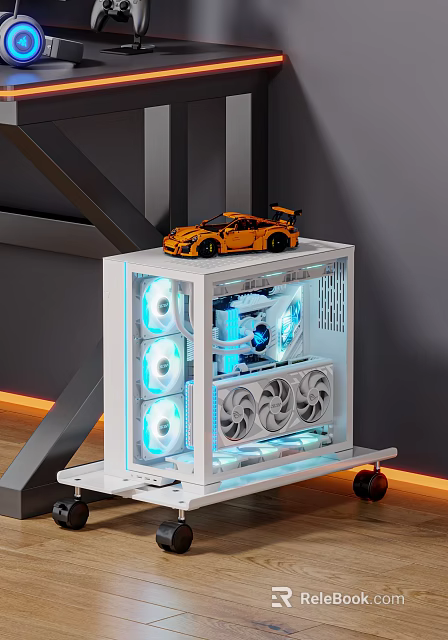 White Gaming PC Case With Transparent Panel RGB Fans And Toy Sports Car On Top 3d model 