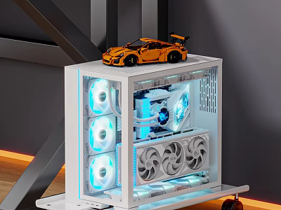 White Gaming PC Case With Transparent Panel RGB Fans And Toy Sports Car On Top 3d model