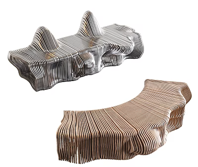 Unique Modern Public Chairs With Striped Curved Irregular Artistic Design 3d model