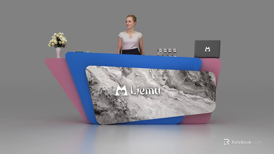 Modern Reception Desk With Blue Pink Marble Texture Liemu Logo Flower Vase Laptop And Staff 3d model 