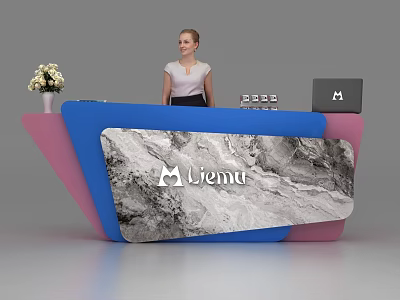 Modern Reception Desk With Blue Pink Marble Texture Liemu Logo Flower Vase Laptop And Staff 3d model