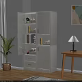 Modern White Bookshelf With Open Cabinet Doors Shelves Books Decorative Items Wooden Table And Green Plant