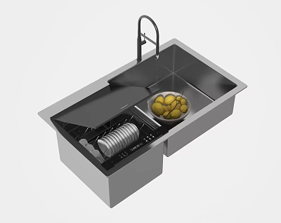 Stainless Steel Kitchen Sink With Faucet Drainer Rack And Fresh Fruits 3d model