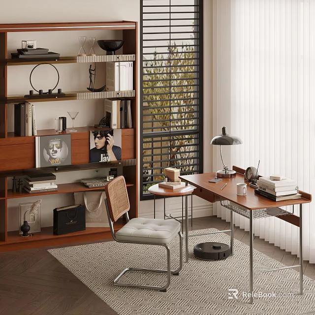 Modern Study Room Interior With Wooden Bookshelf Desk Chair Lamp And Decorative Items 3d model 