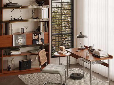 Modern Study Room Interior With Wooden Bookshelf Desk Chair Lamp And Decorative Items 3d model