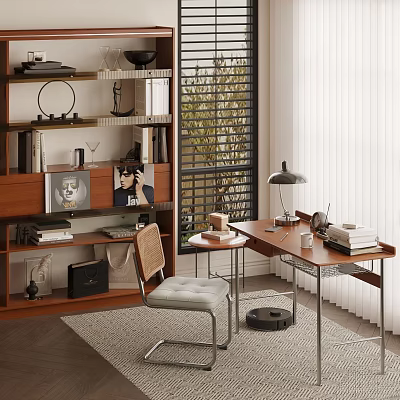 Modern Study Room Interior With Wooden Bookshelf Desk Chair Lamp And Decorative Items 3d model