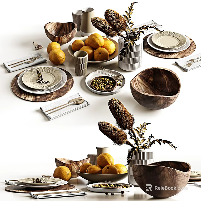 Rustic Wooden Tableware Set Featuring Plates Bowls Utensils Lemons and Decorative Plants 3d model 