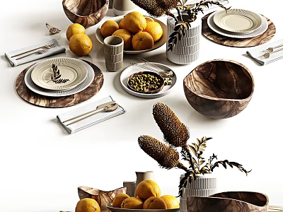 Rustic Wooden Tableware Set Featuring Plates Bowls Utensils Lemons and Decorative Plants 3d model