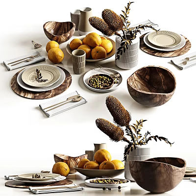 Rustic Wooden Tableware Set Featuring Plates Bowls Utensils Lemons and Decorative Plants 3d model
