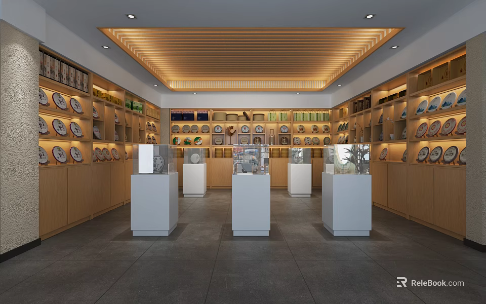 Specialty Store Interior Featuring Display Stands And Shelves Of Plates 3d model 