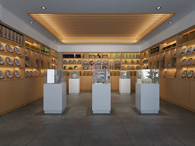 Specialty Store Interior Featuring Display Stands And Shelves Of Plates 3d model