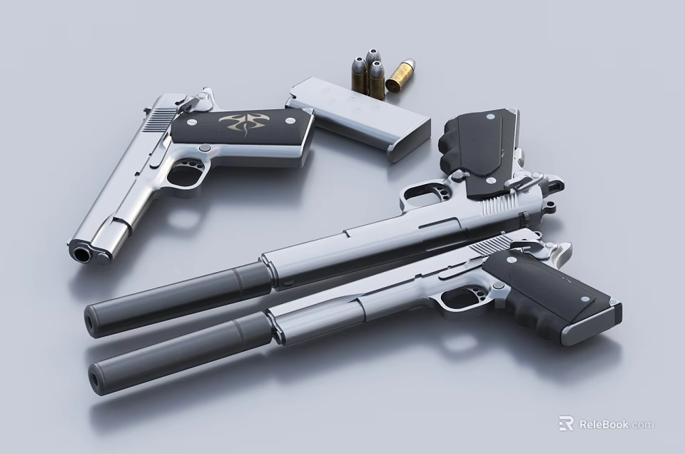 Two Silver And Black Handguns With Magazines And Bullets 3d model