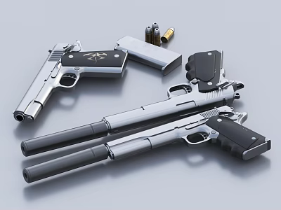 Two Silver And Black Handguns With Magazines And Bullets 3d model