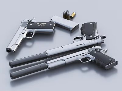 Two Silver And Black Handguns With Magazines And Bullets 3d model