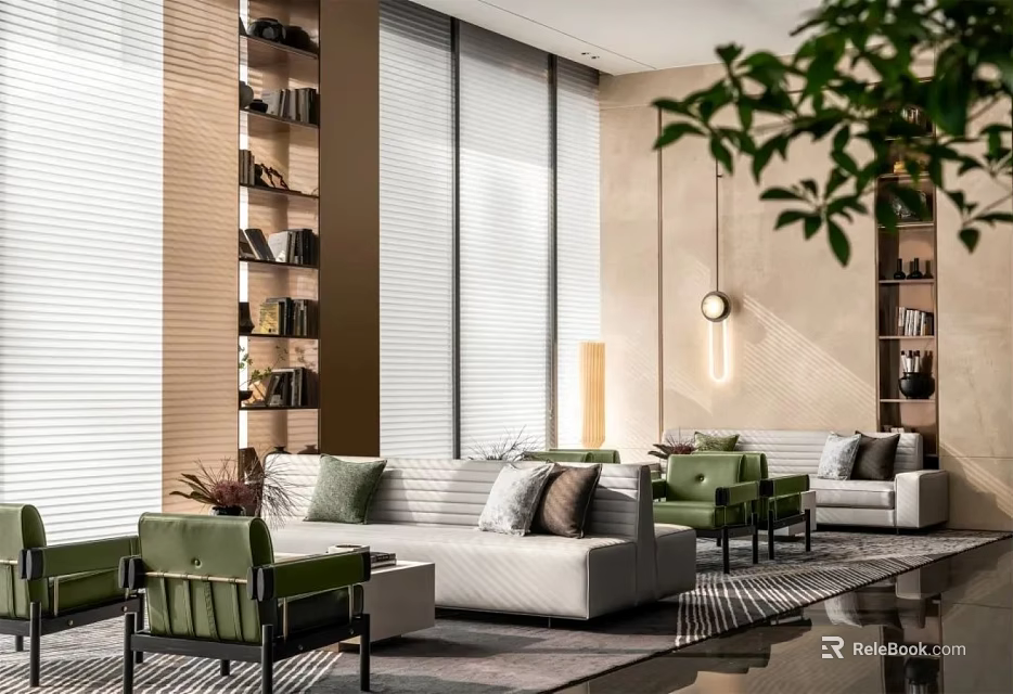 Cozy Modern Leisure Space Featuring Comfortable Sofa Green Plants Bookshelves and Floor to Ceiling Windows 3d model 
