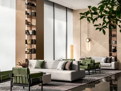 Cozy Modern Leisure Space Featuring Comfortable Sofa Green Plants Bookshelves and Floor to Ceiling Windows 3d model