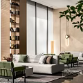Cozy Modern Leisure Space Featuring Comfortable Sofa Green Plants Bookshelves and Floor to Ceiling Windows