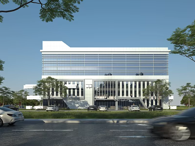 Modern Office Building Surrounded by Trees with Glass Curtain Walls Columns and Roadside Cars 3d model