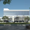 Modern Office Building Surrounded by Trees with Glass Curtain Walls Columns and Roadside Cars