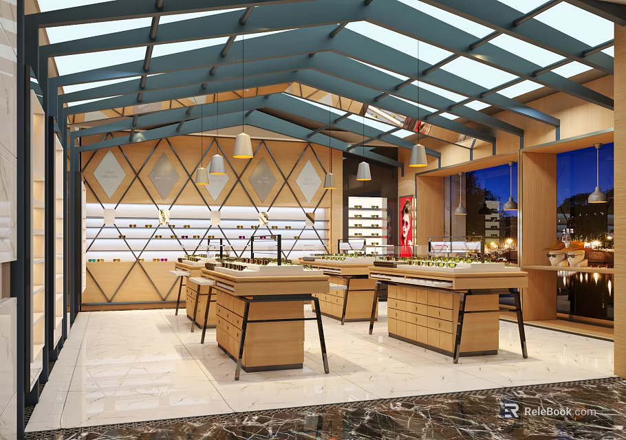 Modern Specialty Store Interior With Display Shelves Wooden Counters And Pendant Lighting Fixtures 3d model 