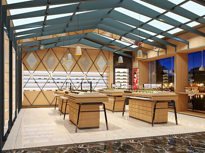 Modern Specialty Store Interior With Display Shelves Wooden Counters And Pendant Lighting Fixtures 3d model