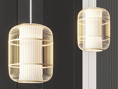 Modern Pendant Lights With Linear Metal Frame And Warm Glow In Interior Space 3d model