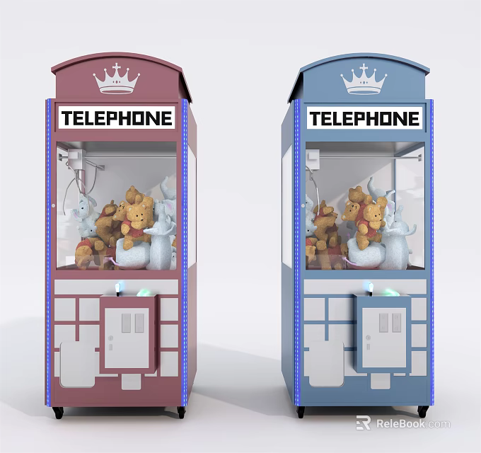 Red And Blue Telephone Booth Design Claw Machine With Stuffed Toys As Entertainment Appliance 3d model 
