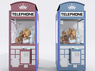 Red And Blue Telephone Booth Design Claw Machine With Stuffed Toys As Entertainment Appliance 3d model