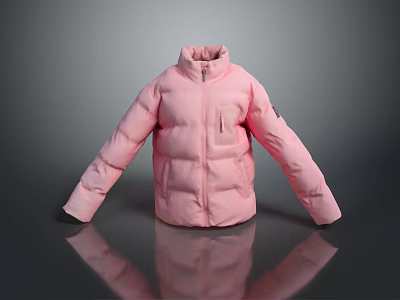 Stylish Pink Puffer Jacket With Stand Collar Zipper And Side Pocket Design 3d model