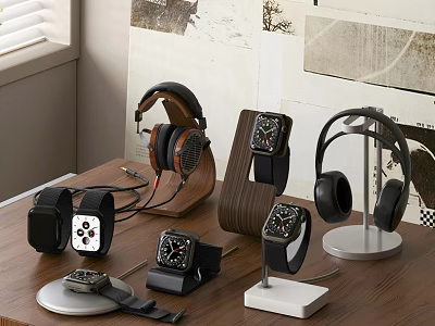 Over Ear and On Ear Headphones with Stands on Wooden Desktop Home Setup 3d model