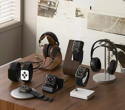 Over Ear and On Ear Headphones with Stands on Wooden Desktop Home Setup 3d model