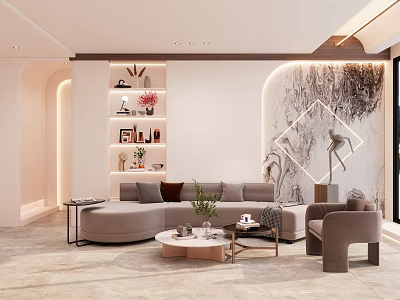 Modern Elegant Living Room Interior With Curved Sofa Armchair Coffee Table And Artwork Shelving 3d model