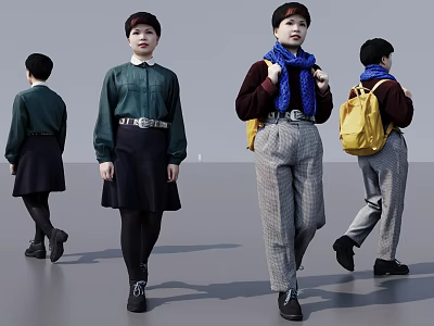 Women Fashion Outfits Showcased From Different Angles With Green Top Black Skirt And Yellow Backpack 3d model