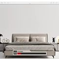 Modern Double Bed with Gray Upholstered Headboard Nightstands Table Lamp Bicycle Model and Vase