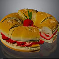 Delicious Ring Shaped Sandwich With Sesame Seeds Red Strawberry Green Leaves Tomato And Sausage