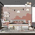 Kids Bedroom With Pink White Cloud Wall Decor Bed Stuffed Toys Balloons And Rug