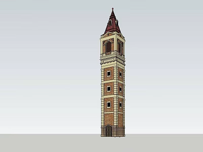 Classic Traditional Brick Tower Exterior With Red Spire And Multi story Arched Windows 3d model