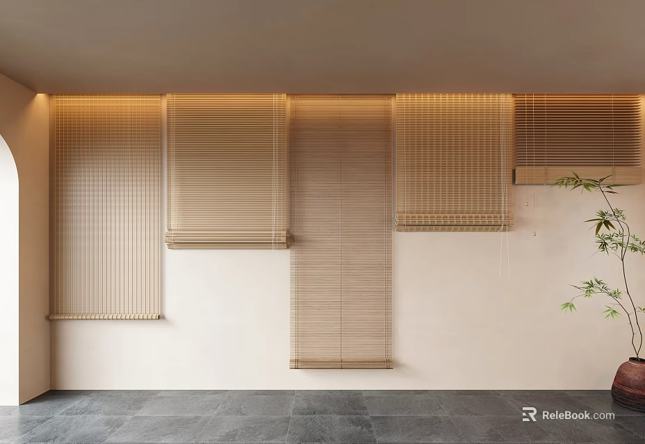 Various Natural Material Blinds Interior Design With Beige Wall Gray Stone Floor And Green Plant 3d model 
