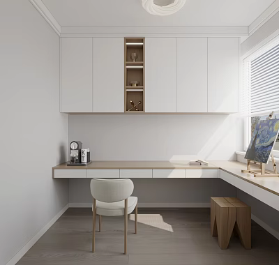 Modern Bright Home Office Interior With White Cabinets Wooden Desk Shelf And Easel 3d model