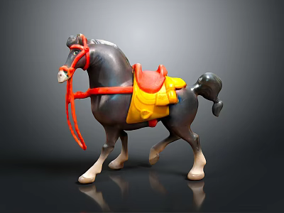 Detailed Toy Horse Figure With Gray Body Red Reins Yellow Saddle Black Tail White Hooves 3d model